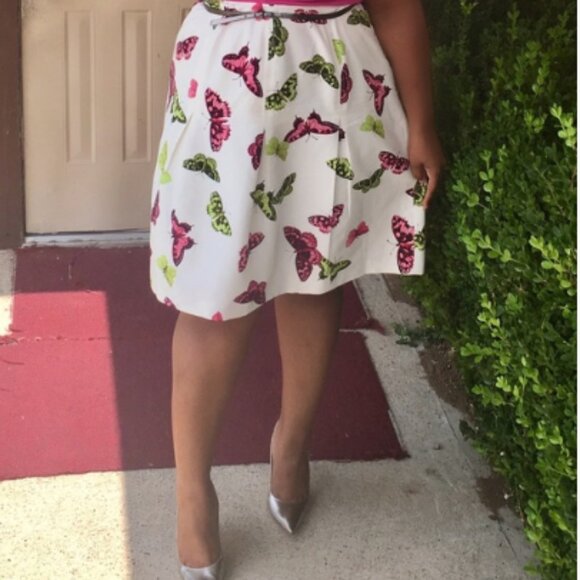 Talbots Skirt‎ Women’s Sz 16 Ivory White w/Green-Pink Butterflies A-Line Pleated - Picture 2 of 12